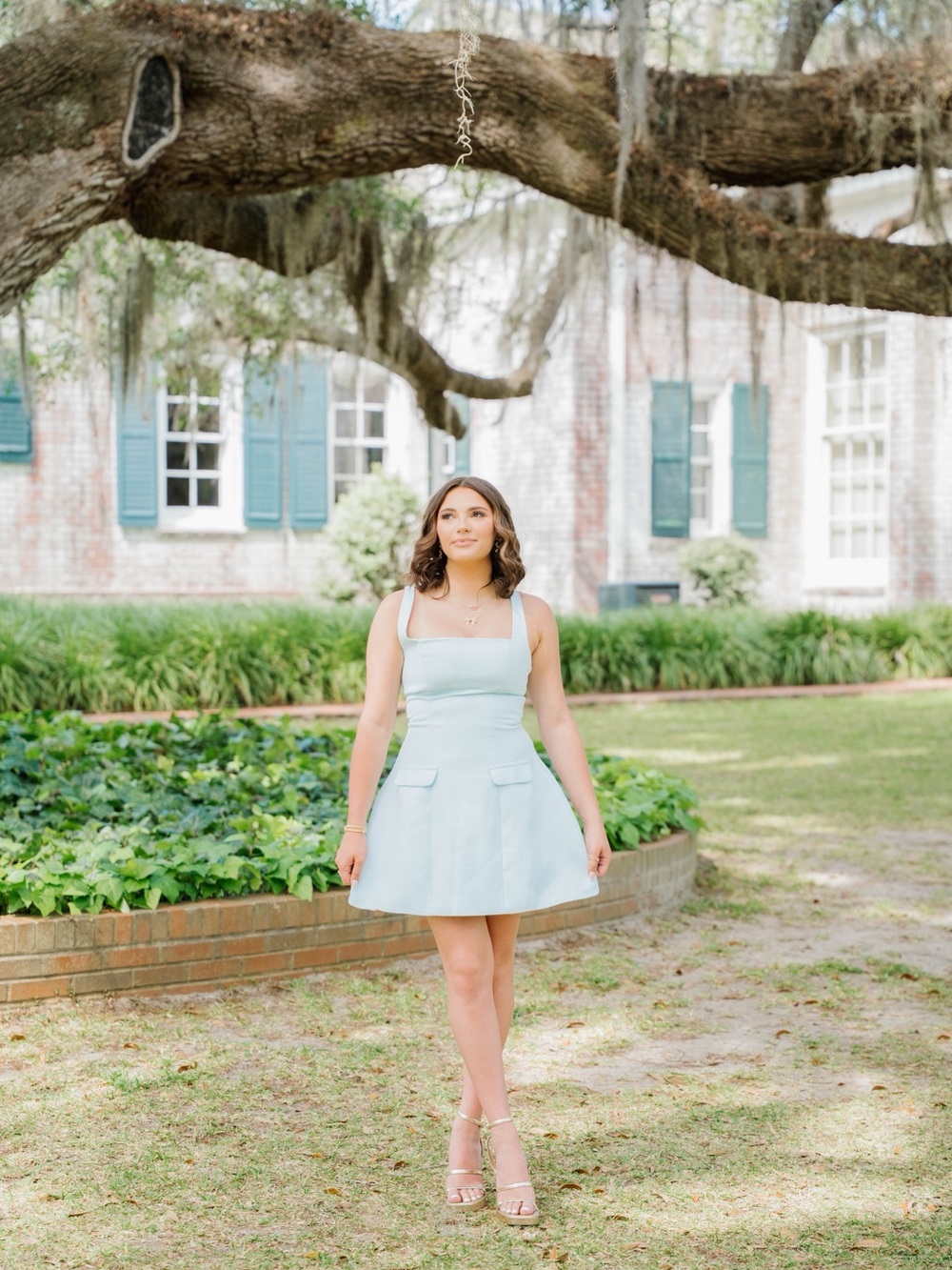 Square-Neck Baby Blue Mini Dress with Flap Pockets